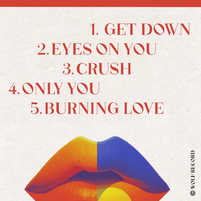 Pochette verso EP LOVERS par Solar Kiss — tracklist Get Down, Eyes On You, Crush, Only You, Burning Love